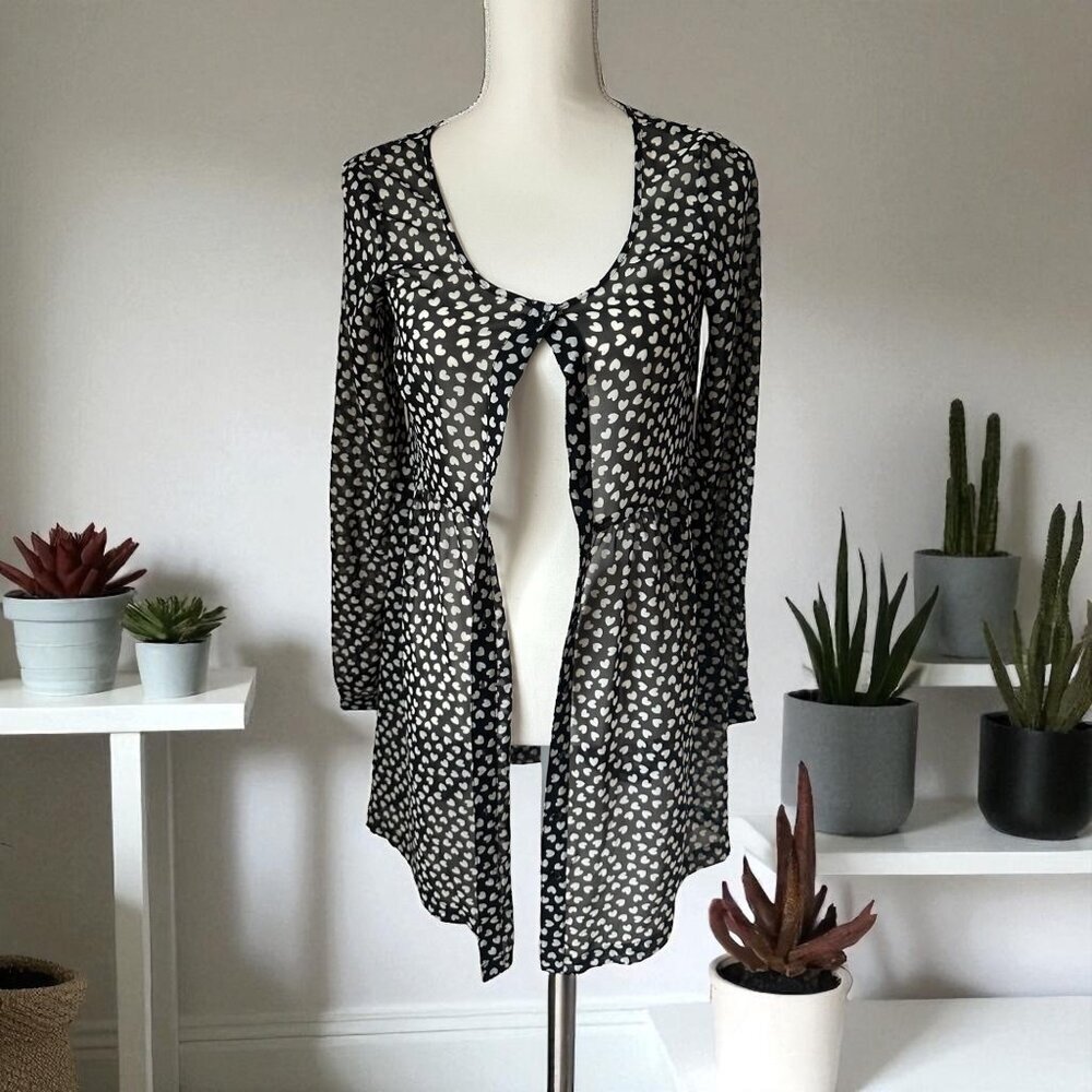 H&M Black White Sheer Heart Print Tunic Top Size 6